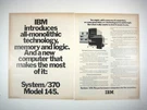 Ibm System 370 Model 145 Vintage Advertisement Print 2 Page 1970. Fixed Price $13.50.